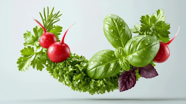 Fresh herbs and vegetables including basil, parsley, and radishes arranged in a dynamic flowing composition against a light background, showcasing vibrant colors and textures