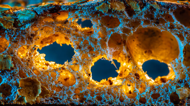 Rustic bread crumb interior illuminated in extreme macro close-up