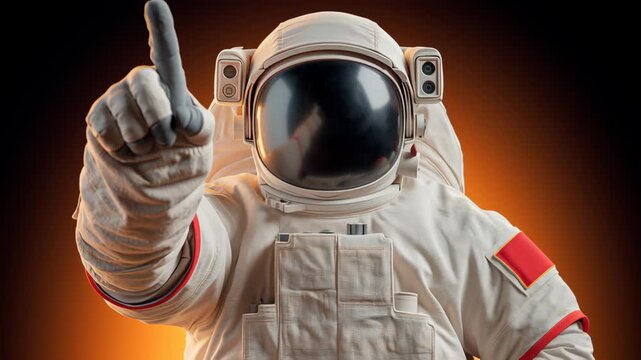 Astronaut in white space suit points finger forward with a determined expression against a dramatic orange and black background, showcasing space exploration themes and futuristic elements