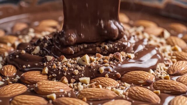 Close-up shot of pouring melted chocolate over a bed of whole and chopped nuts, creating a delicious dessert treat