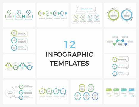 Set of infographic templates including step by step flows, timelines, process diagrams, circular charts, comparison layouts, option lists, and hierarchical structures