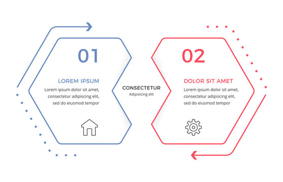 Infographic template with two hexagonal shapes for business presentations, venn diagram, comparison concept, two steps process