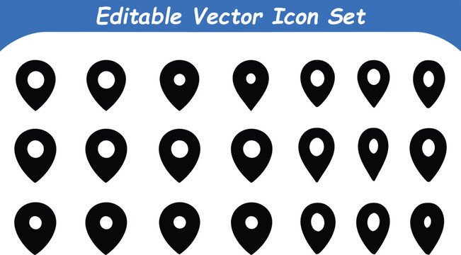 Set of black map pointer location markers and navigation pins with location