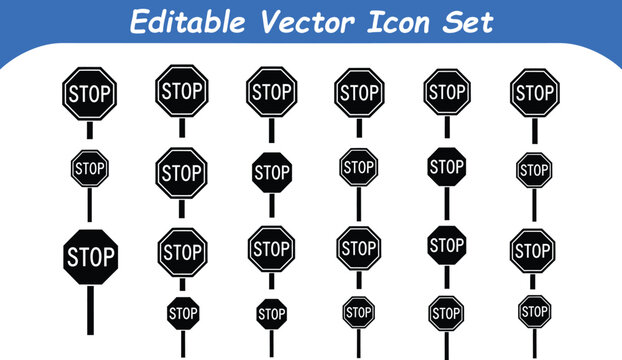 Set of road stop signs in various styles and sizes with transport, regulation