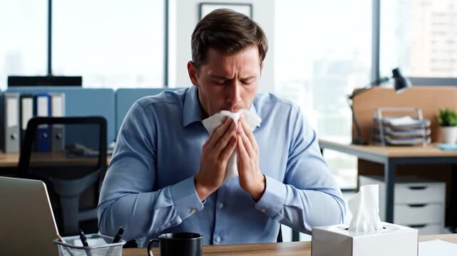 A businessman in a blue shirt is sitting at his desk, looking unwell and reaching for a tissue box in the office setting