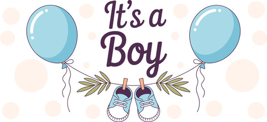 It is a boy baby shower greeting card banner featuring blue balloons hanging shoes and tropical leaves vector illustration © Md