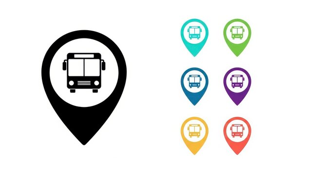 Bus stop location markers are displayed in various colors on a white background.