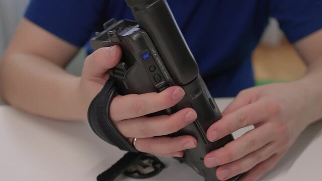 Hands adjusting vintage camera. Closeup of person tweaking antique video camera on table. Focus on hand manipulating classic camcorder controls during studio setup session