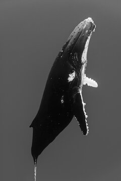 Humpback whale breaching in dramatic black and white