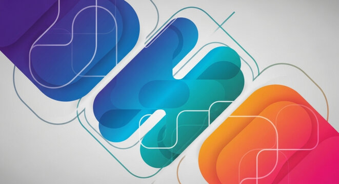 A colorful vector graphic illustration of overlapping rounded rectangles in purple blue green orange and pink hues with white outlines and a gray background vector