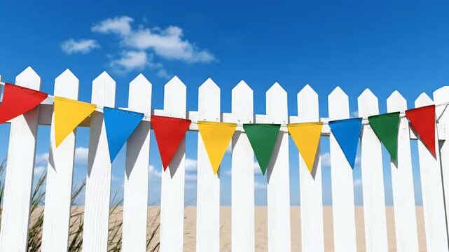 Colorful pennant flags strung across a white picket fence create a festive and cheerful scene against a bright blue sky with a few fluffy clouds.