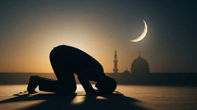 Silhouette of Muslim Man Prostrating in Prayer at Dusk (2)