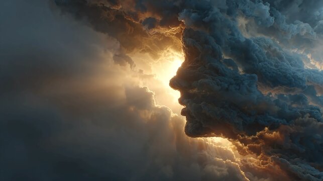 Abstract stormy clouds inside a human head silhouette slowly dissolving into radiant sunlight representing inner clarity, emotional release, and the journey from chaos to calm mental wellness concept,