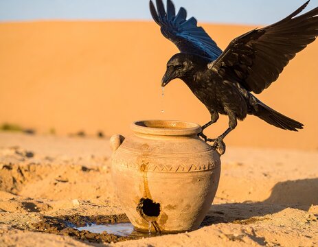 Thirsty Crow Drinking Water from a Broken Clay Pot in the Desert