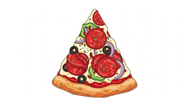 A vector graphic illustration of a slice of pizza with various toppings on a white background vector