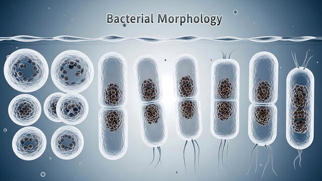 Bacterial morphology illustration showing various microscopic shapes and structures of bacteria in water