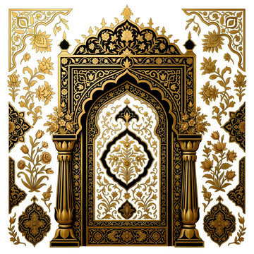 ornate garden gate with intricate mughal inspired gold and black floral patterns on white background high quality professional detailed modern elegant