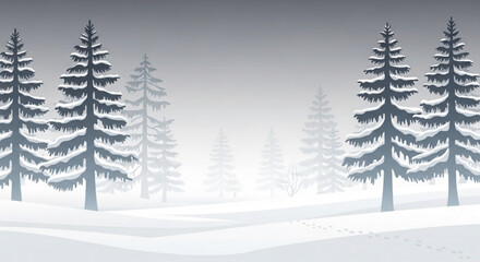 Fototapeta premium A minimalist vector graphic illustration of a serene winter landscape with snow-covered pine trees on a foggy day vector