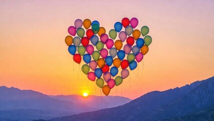 Fototapeta premium Heart shaped balloons floating during mountain sunset