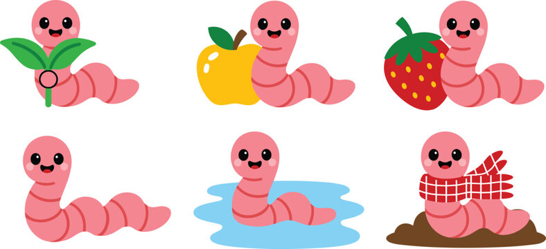 Set of cute cartoon worm characters featuring various poses with apple strawberry leaf and winter scarf for children book illustrations,