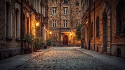Obraz premium Serene Evening Street Scene in Historic City with Cobblestone and Illuminated Lanterns Nestled Among Old Brick Buildings