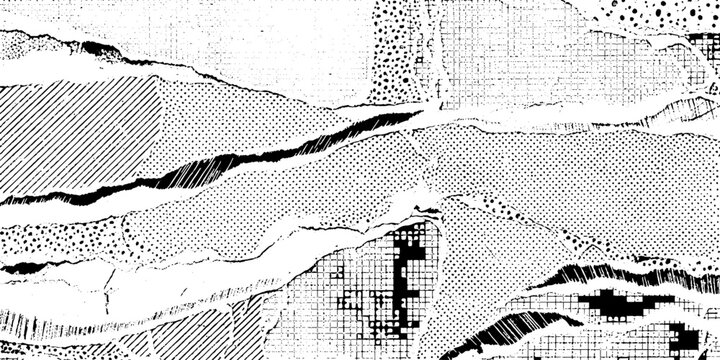 Black and white grunge vector illustration of abstract paper cut with various textures and patterns