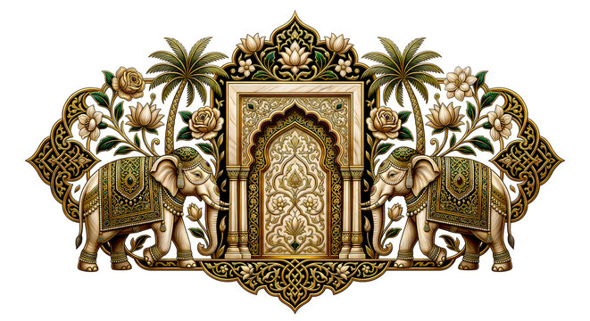 ornate mughal style gate with elephants and floral motifs on white background high quality professional detailed modern elegant stylish clean crisp
