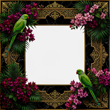ornate frame with parrots flowers and gold accents on black marble background high quality professional detailed modern elegant stylish clean crisp