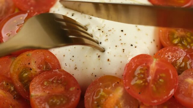 Eating Mozzarella cheese with fresh tomatoes. Hand slicing fresh mozzarella cheese on plate