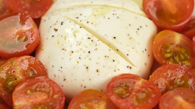 Cheese Mozzarella with  fresh tomatoes on plate close-up, rotation. Healthy snack idea
