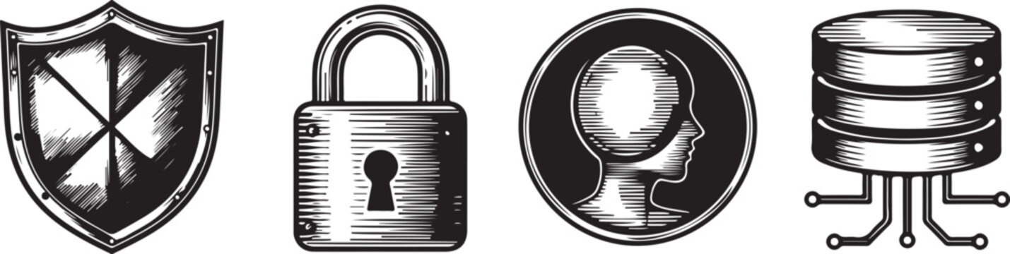 Collection of security and data themed icons featuring shield lock head and server equipment.
