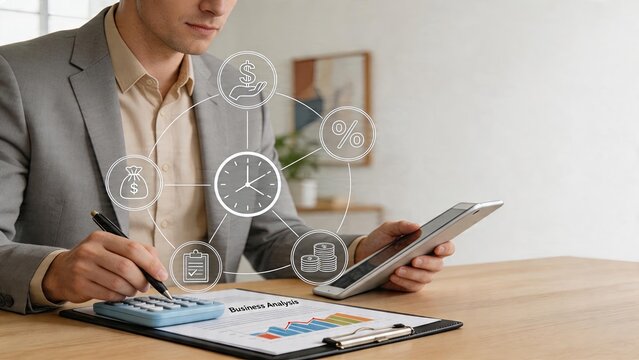 Businessman analyzing financial data on tablet calculating costs with graph report holographic interface showing time management and profit icons for digital finance work