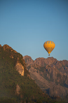 Colorful hot air balloon flight over Vang Vieng Laos sky