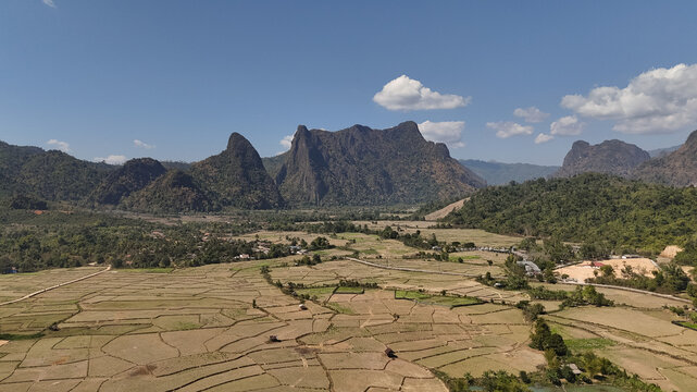 Vang Vieng Laos karst mountain landscape under blue sky
