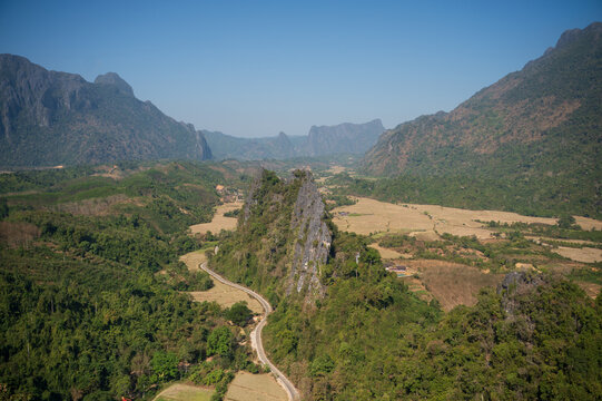 Panoramic karst landscape and valley near Vang Vieng, Laos