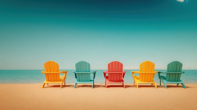 Colorful Beach Chairs in a Row Facing the Calm Ocean on a Sandy Shore