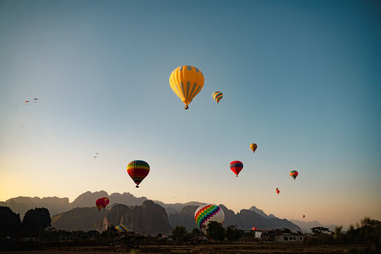Colorful hot air balloon flight over Vang Vieng Laos sky