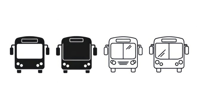 Four distinct bus icons display varying styles of front-facing transport vehicles.