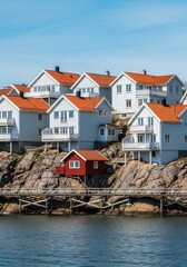 Fototapeta premium Traditional Scandinavian houses with red roofs overlook a rocky coastline and a wooden pier.