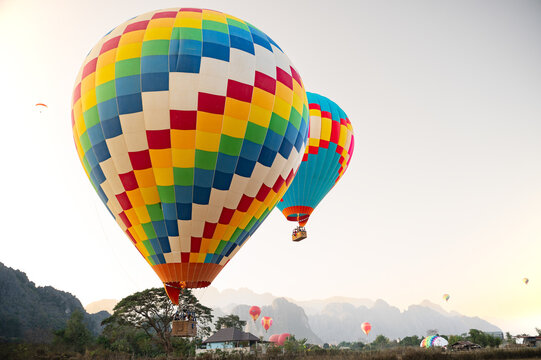 Colorful hot air balloon flight over Vang Vieng Laos