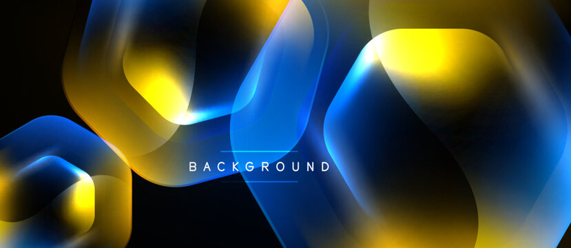 Abstract shapes overlap, creating vibrant blue, yellow gradients. Dark background emphasizes luminous forms, modern design element.