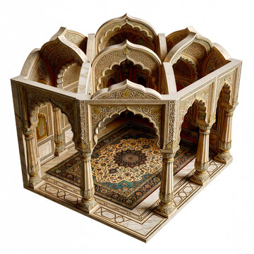 mughal garden pavilion with intricate arches and ornate carpet on white background high quality professional detailed modern elegant stylish clean crisp