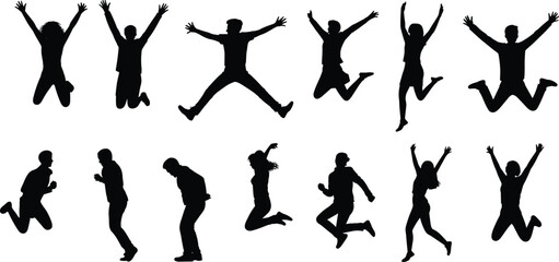 Collection of jumping people silhouettes featuring happy men and women celebrating success and freedom for active lifestyle vector designs © Md