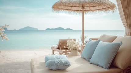 Obraz premium Luxurious seaside cabana lounge with blue cushions and tropical scenery