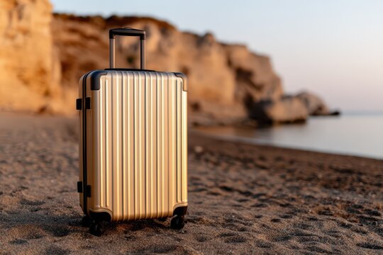 Golden hard-shell travel suitcase standing upright on a beach at sunset
