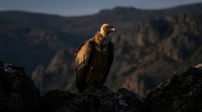A majestic vulture perched on a rocky outcrop against a dramatic mountain landscape at dawn