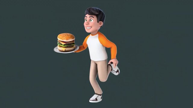 Happy animated teenager carrying a burger in a fast-paced run, symbolizing fast food delivery, hunger, and snacking.
