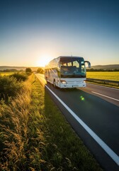 Fototapeta premium White passenger bus travels along a rural highway during a scenic sunset.