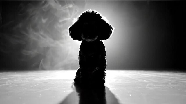 Black and White Silhouette of a Poodle Dog Posing Against a Bright Light Backdrop with Smoky Effect
