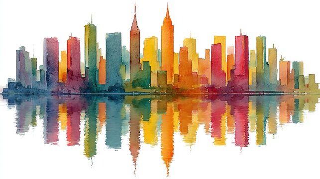 Abstract watercolor skyline representing investment banking, tall colorful buildings reflecting on calm water, conveying finance, urban architecture, and artistic cityscape concepts in design.
